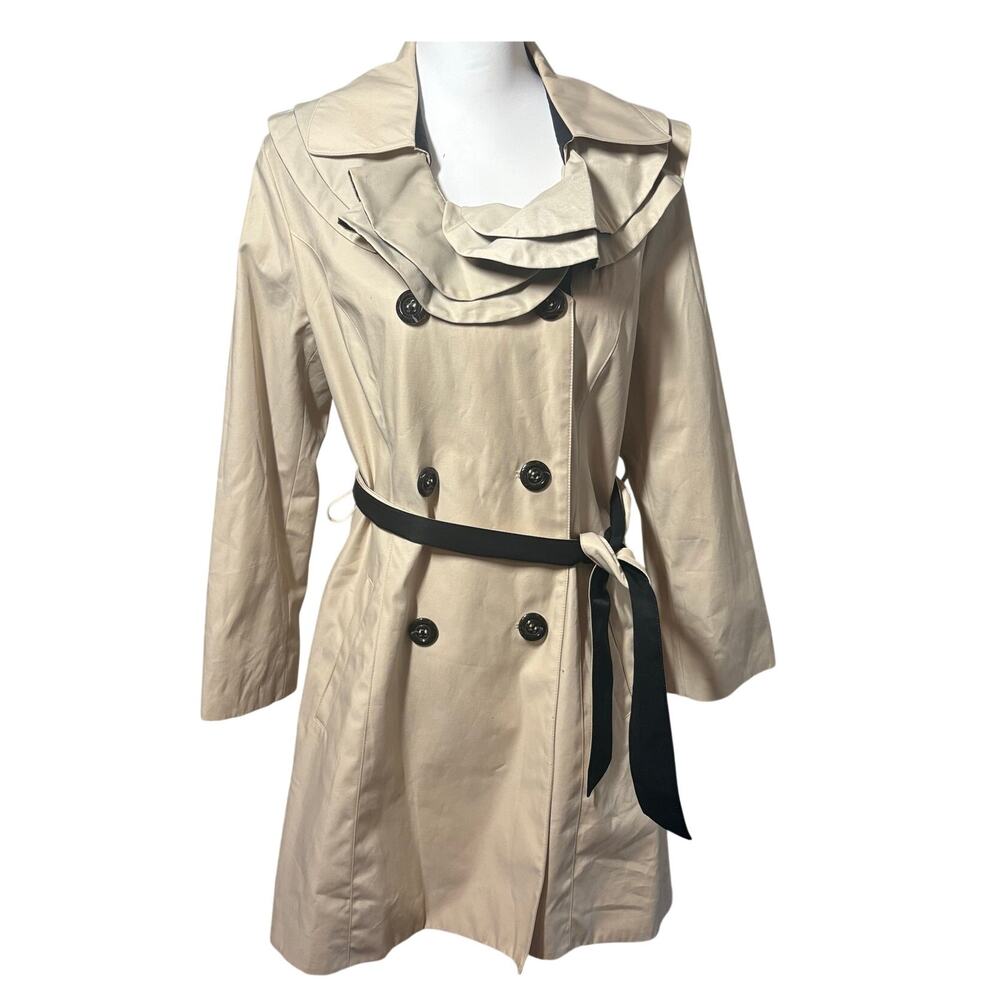 Betsey Johnson Trench Coat Womens Sz L Beige Ruffle Collar Leopard Lining Belted